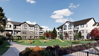 a rendering of an apartment complex with a playground and green space